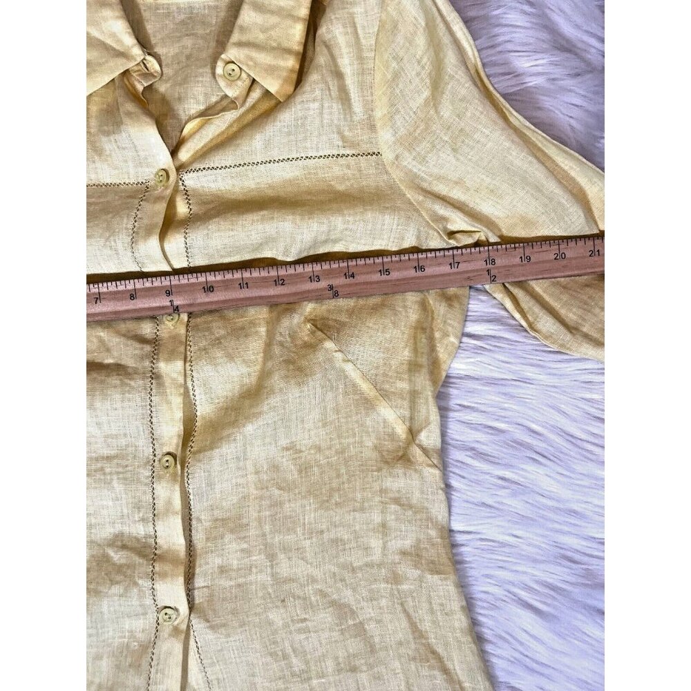 Vintage Max Studio Womens Button Up Shirt Sm Yellow Crochet Slit 3/4 Sleeve - Picture 2 of 7
